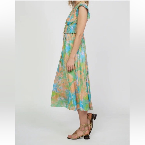 Current Air Anthropologie Pleated Dress Green Flutter Sleeve Abstract Sz M - Picture 3 of 9
